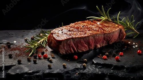 Fresh juicy delicious beef tenderloin steak on a dark background with copy space for text. Meat dish with spices. Recipe concept, filet mignon