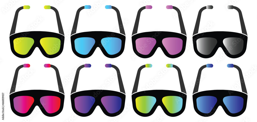 Set of colored sunglasses, summer sun protection, eyewear icon, glasses separated from glasses temples, vector illustration on isolated white background Set of colored sunglasses, summer sun protection, eyewear icon, glasses separated from glasses temples, vector illustration on isolated white background