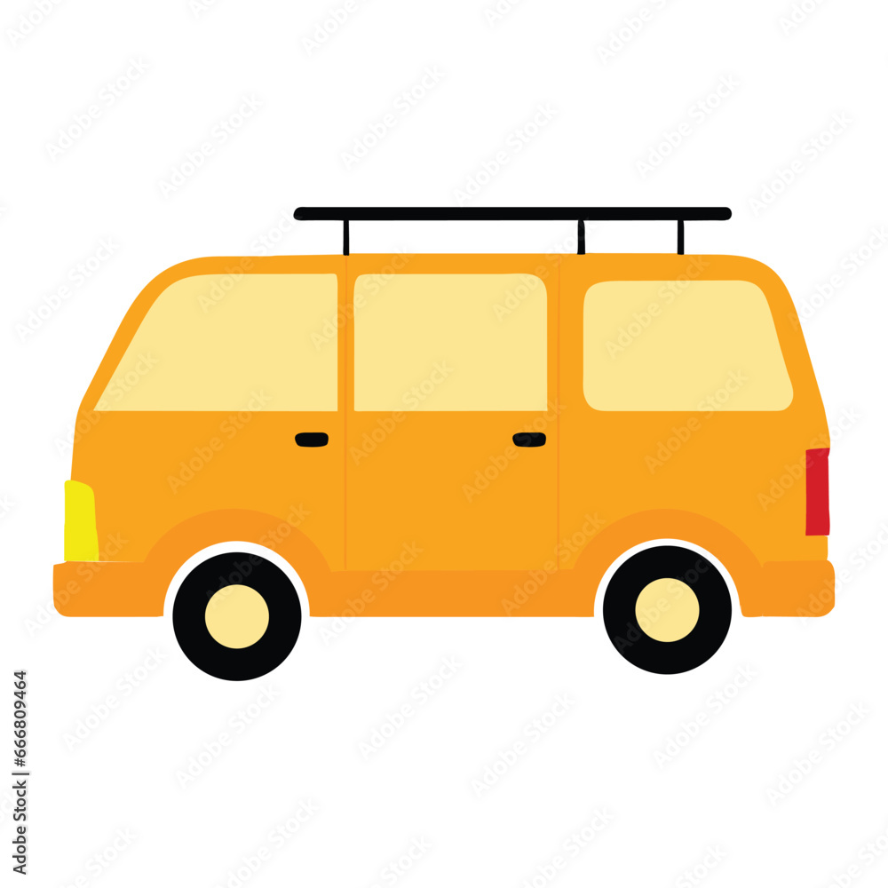 Flat simple yellow minivan cartoon, side view, element vector isolated on white background 