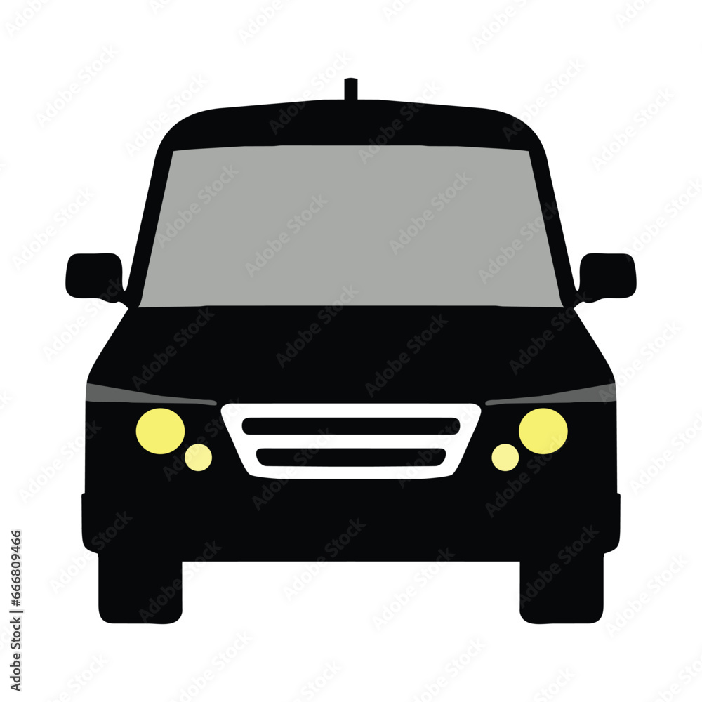 Flat simple black minivan cartoon, front view, element vector isolated on white background Flat simple black minivan cartoon, front view, element vector isolated on white background