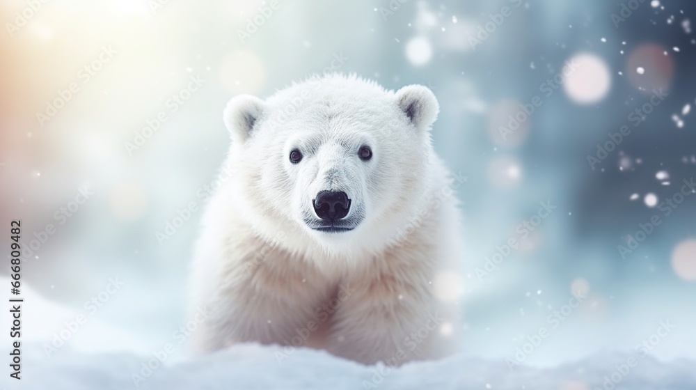 White Polar Bear on winter snow background. AI generated image