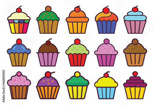 Set of different cartoon cupcakes, muffins collection, cupcake with chocolate and cherry, colored vector illustration isolated
