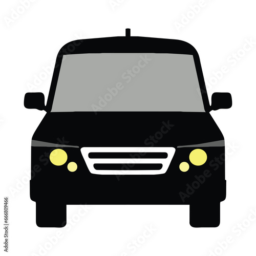 Flat simple black minivan cartoon, front view, element vector isolated on white background 