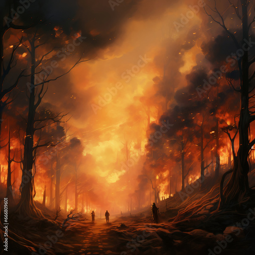 Forest fire. Burning trees in the forest. 3D illustration.