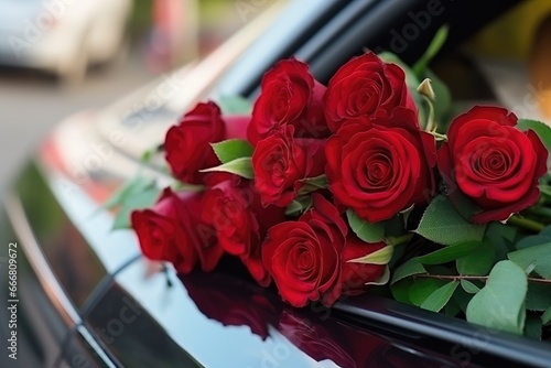 bouquet of beautiful red roses in luxury car photo