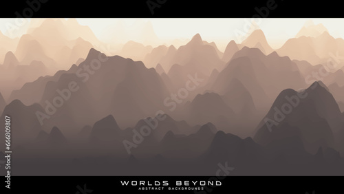 Abstract beige landscape with misty fog till horizon over mountain slopes. Gradient eroded terrain surface. Worlds beyond.