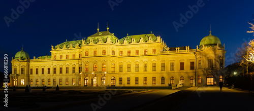 Illuminated Vienna's Belvedere at night. Baroque style palace.