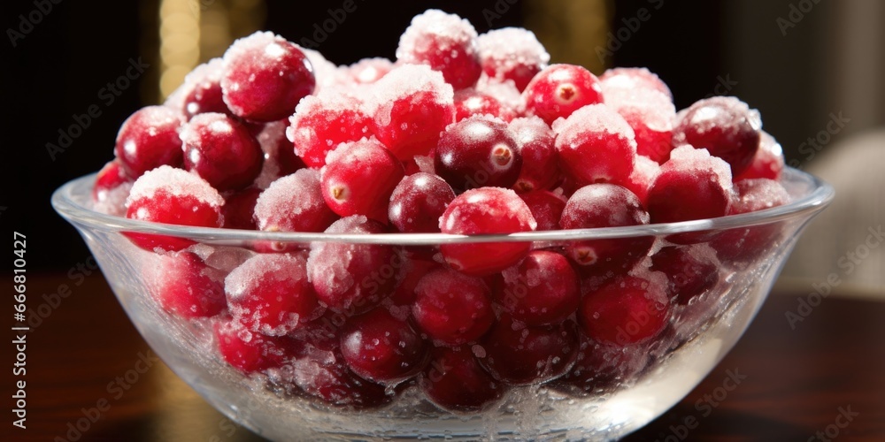 Closeup of a bowl of sugared cranberries, used as a festive and eyecatching filler in a clear glass vase or candle holder, adding a pop of color to any room. Closeup of a bowl of sugared cranberries, used as a festive and eyecatching filler in a clear glass vase or candle holder, adding a pop of color to any room.