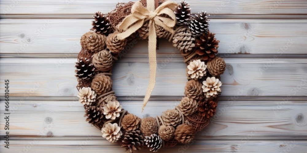 A rustic, handmade wreath made entirely of twine and crocheted pinecones, adding a unique and natural touch to a front door or window. A rustic, handmade wreath made entirely of twine and crocheted pinecones, adding a unique and natural touch to a front door or window.