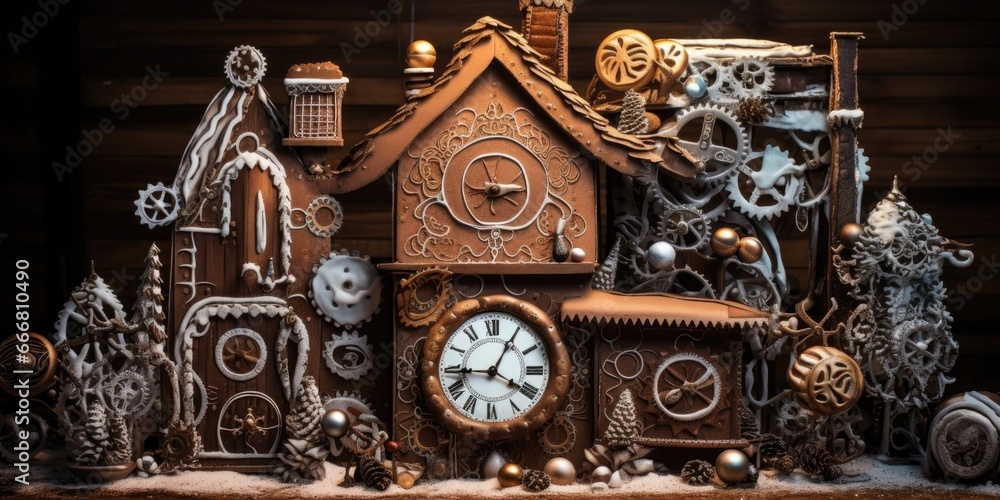 A steampunkthemed gingerbread house, complete with chimney made of gears and a clock face for a front door.