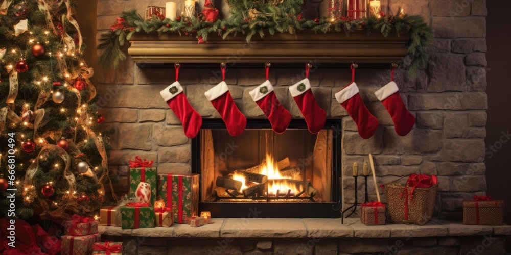 A cozy fireplace mantle adorned with industrialinspired Christmas stockings and a clockwork ticking clock. - obrazy, fototapety, plakaty 