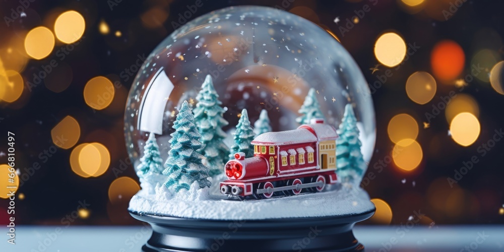 Closeup of a holographic snow globe, featuring a snowy landscape and a moving train circling around a glittering Christmas tree. - obrazy, fototapety, plakaty 