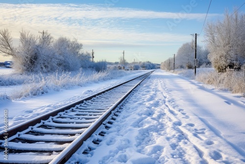 A blanket of white snow covering the countryside, with the train tracks creating a path for the locomotive to follow.