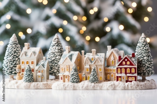 Snowcovered evergreen trees serve as a backdrop for a charming display of ceramic village houses, each one with its own unique design.