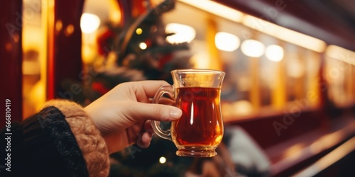 Closeup of a passengers hand reaching for a steamy mug of mulled wine  a traditional holiday drink served on the train.