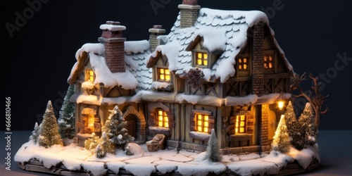 A charming cottage covered in a blanket of snow, its windows glowing with warm light from within and a smoking chimney atop its roof.