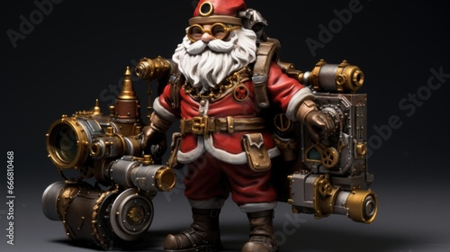 A steampunk Santa Claus figure, dressed in a top hat and goggles and carrying a sack filled with unique clockwork toys.
