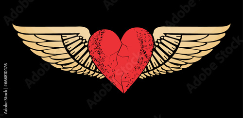 Vector design for t-shirt of a pink heart with wings isolated on black. Illustration of a broken heart flying.	