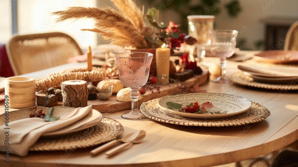 A table set for a bohemian Christmas dinner, with a mix of wooden chargers, patterned plates, and mismatched glassware. A bundle of dried flowers and foliage serves as a beautiful centerpiece,
