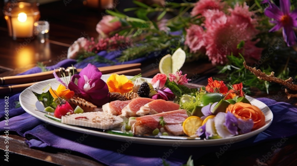 A holiday feast served on reusable bamboo plates and elegantly decorated with fresh herbs and edible flowers.