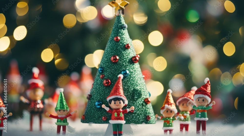 Closeup of a group of tiny Christmas sprites, with shimmering wings and tiny elf hats, decorating a giant Christmas tree with ornaments made of candy and snowflakes. Closeup of a group of tiny Christmas sprites, with shimmering wings and tiny elf hats, decorating a giant Christmas tree with ornaments made of candy and snowflakes.