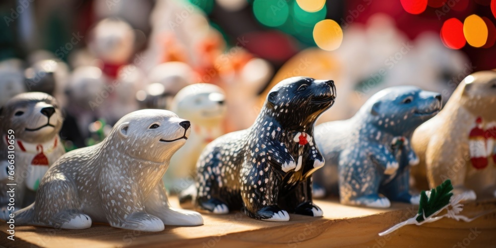 Obraz premium A Christmas market with stalls selling handmade ornaments and gifts, all featuring endangered animals like the humpback whale, snow leopard, and blackfooted ferret. The markets festive atmosphere
