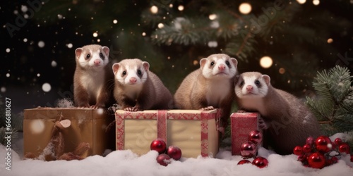 A group of playful ferrets darting in and out of empty gift boxes, joyfully creating their own winter wonderland. © Justlight