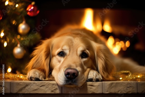 A majestic golden retriever lying by a fireplace, mesmerized by the flickering lights of the Christmas decorations.