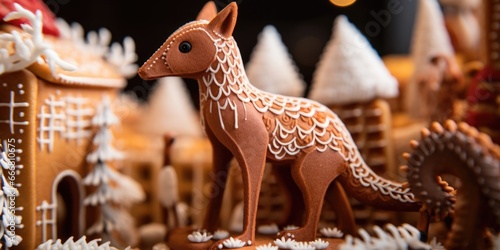 A closeup of a handmade gingerbread house with intricate animal designs, featuring endangered species like the Ethiopian wolf, Bornean orangutan, and Javan rhinoceros. The image serves as