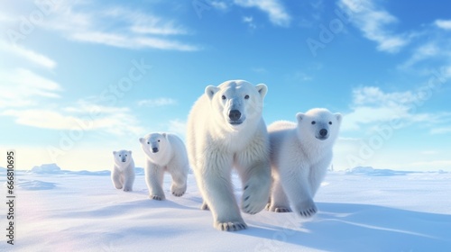 A family of polar bears, their fluffy white coats blending in with the snow, traveling across frozen tundra towards their chosen Christmas destination.