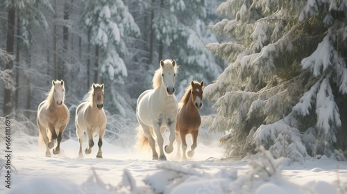 A group of wild horses trotting through a snowy forest, stopping at a clearing to admire a large Christmas tree with a star made of dried grass.