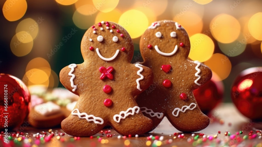 Closeup of a gingerbread cookie with a gingerbread man and woman, both decorated with colorful cookie icing outfits.