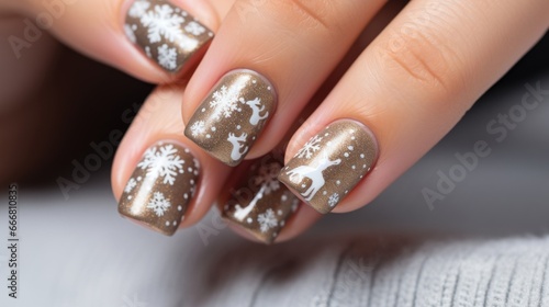 A festive and fun nail art design with tiny snowflakes and reindeer, captured in a closeup shot.