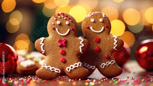 Closeup of a gingerbread cookie with a gingerbread man and woman  both decorated with colorful cookie icing outfits.