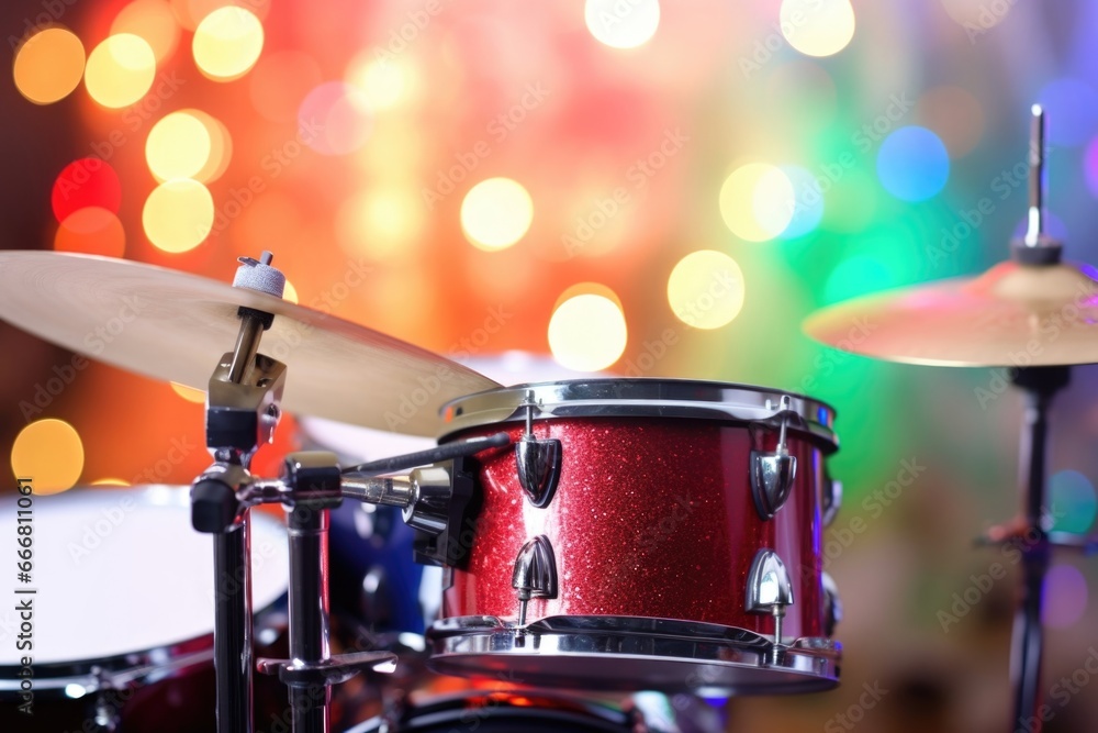 Closeup of a drum set decorated with holiday lights and surrounded by colorful presents, symbolizing the energetic and fun nature of rock and roll Christmas tunes. Closeup of a drum set decorated with holiday lights and surrounded by colorful presents, symbolizing the energetic and fun nature of rock and roll Christmas tunes.