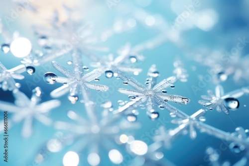 Droplets of melted snow cling to the edges of a snowflake, highlighting its intricate details and symmetrical design.