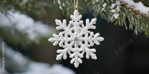 A delicate porcelain snowflake ornament, featuring a raised texture and glistening with a layer of fine glitter, creating a frosty and enchanting addition to the Christmas tree. © Justlight