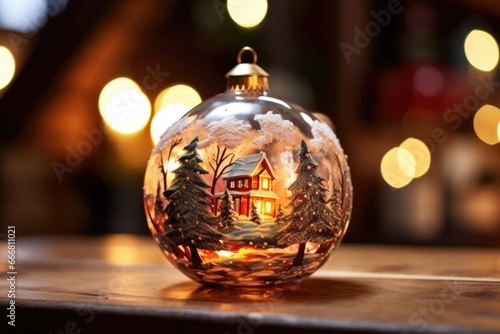 A glass bauble featuring a detailed and lifelike painting of a traditional Christmas scene, complete with snowcovered trees and a glowing fireplace.