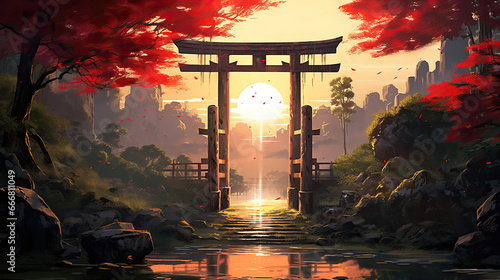Illustration of torii gate with anime style