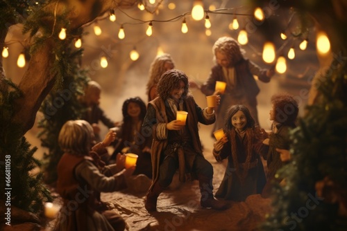 Closeup of a Yuletide party in the Shire, with hobbits dressed in warm coats and scarves, dancing and feasting under a giant tree decorated with ling lights and magical ornaments. The scent