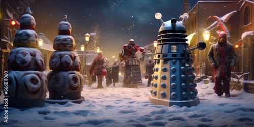 Photo Closeup of a timetraveling Christmas in the Doctor Who universe, with the TARDIS