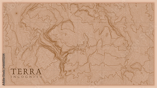 Ancient abstract earth relief old map. Generated conceptual vector elevation map of fantasy landscape.