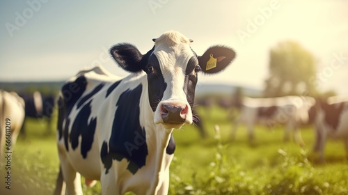 Dairy cow on the green grass field background. AI generated image