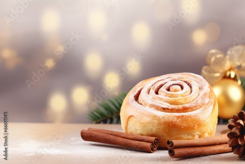 New Year Christmas background wallpaper with place for text banner. cinnamon bun. delicious Christmas baked goods. postcard photo