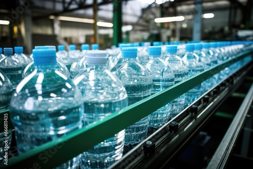 plant for bottling clean drinking water. plastic bottles. carbonated drink production line. beverages in plastic bottles on clean light factory photo