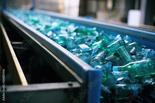 waste sorting. Conveyor belt at a waste recycling plant processing plastic and glass.