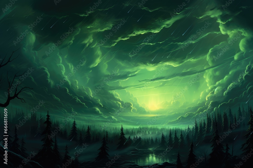 landscape colored green sky and forest. magicians, miracles. Lightning and thunderstorm. Wallpaper. background