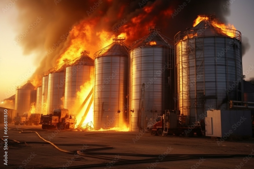 Fire damages contemporary granary facility with silver silos for agricultural product processing, drying, cleaning, and storage. Generative AI - obrazy, fototapety, plakaty 