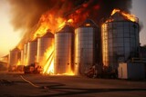 Fire damages contemporary granary facility with silver silos for agricultural product processing, drying, cleaning, and storage. Generative AI
