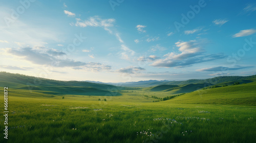 A picturesque landscape with rolling green fields and majestic mountains in the distance